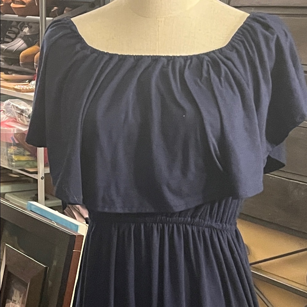 Off-Shoulder Navy Midi Dress with Ruffle Yoke